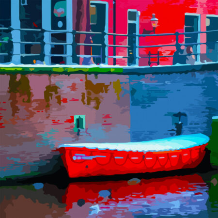 Rode Boot - Unieke Kunst op Akoestische panelen: Rode boot in de grachten van Amsterdam